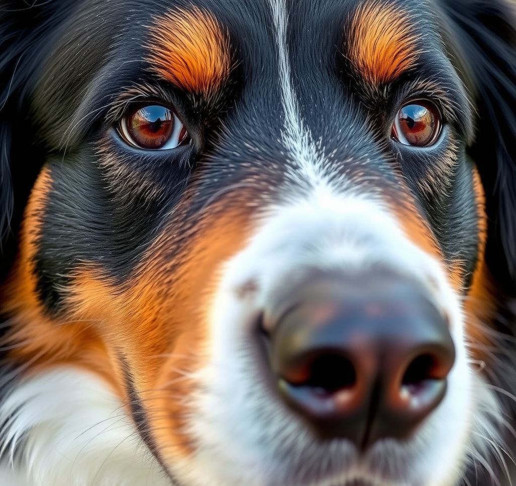 A close-up of a Bernese Mountain Dog's face, showcasing its gentle eyes and characteristic markings.
