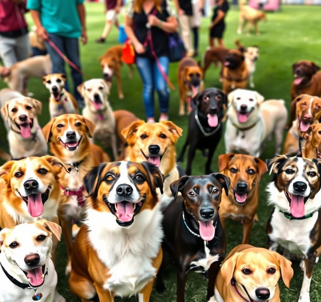 A diverse group of happy dogs of various breeds and sizes interacting with people at an outdoor adoption event.
