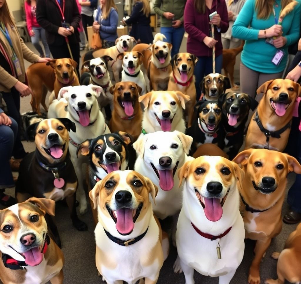 A diverse group of happy dogs of various breeds and sizes interacting with potential adopters at an indoor adoption event.