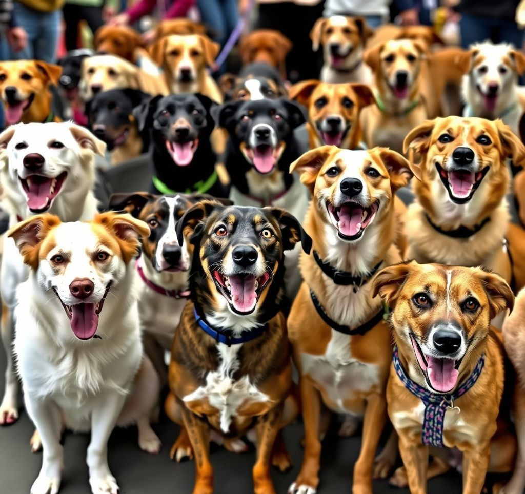A diverse group of happy dogs of various breeds waiting patiently at an adoption event.