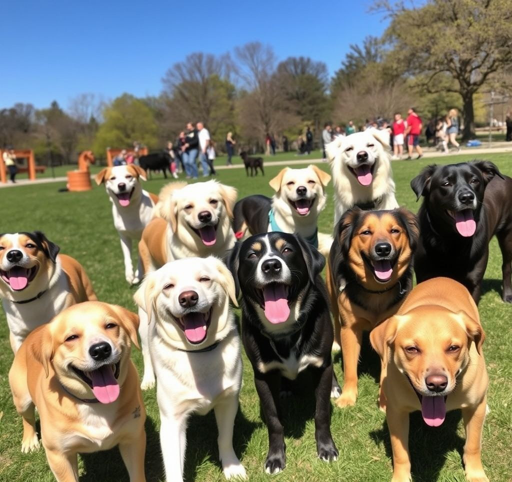 A diverse group of happy dogs of varying breeds and ages playing together in a sunny park.