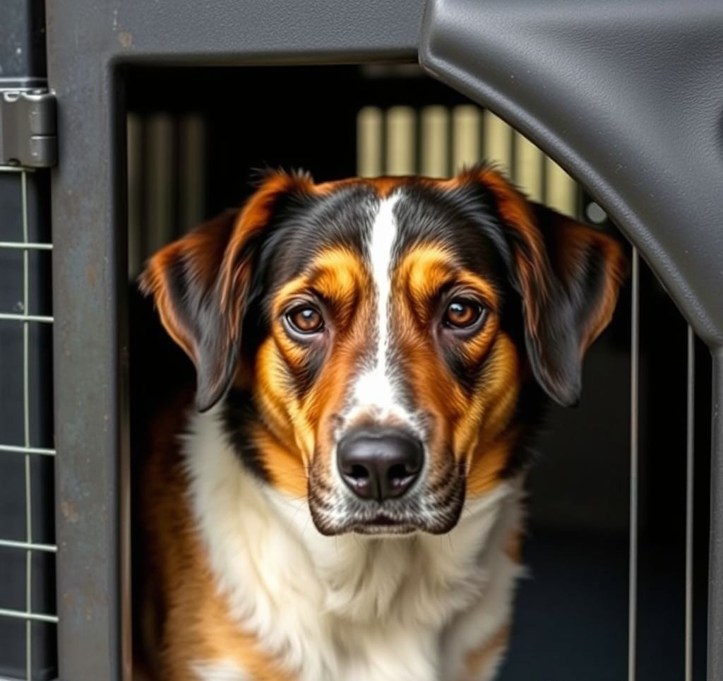 A dog looking calmly from a kennel, with a gentle expression