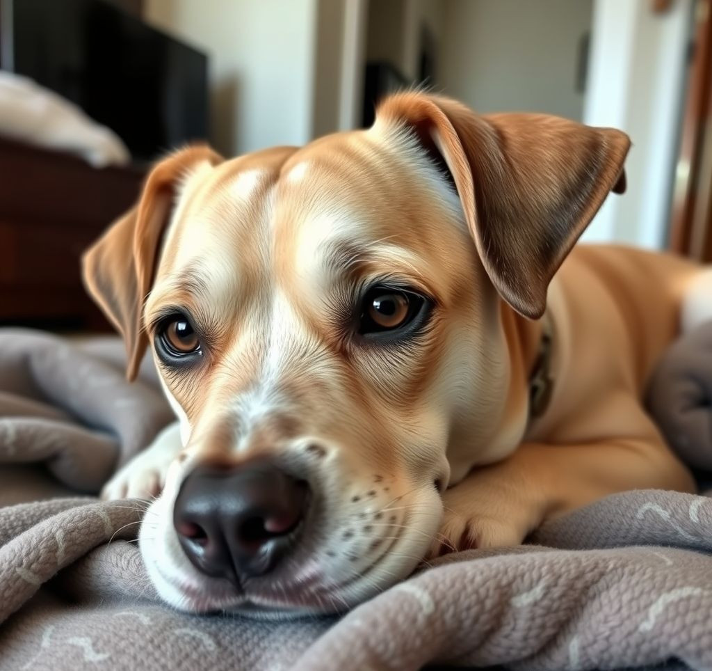 A gentle, adult dog with expressive eyes resting on a soft blanket in a home environment.