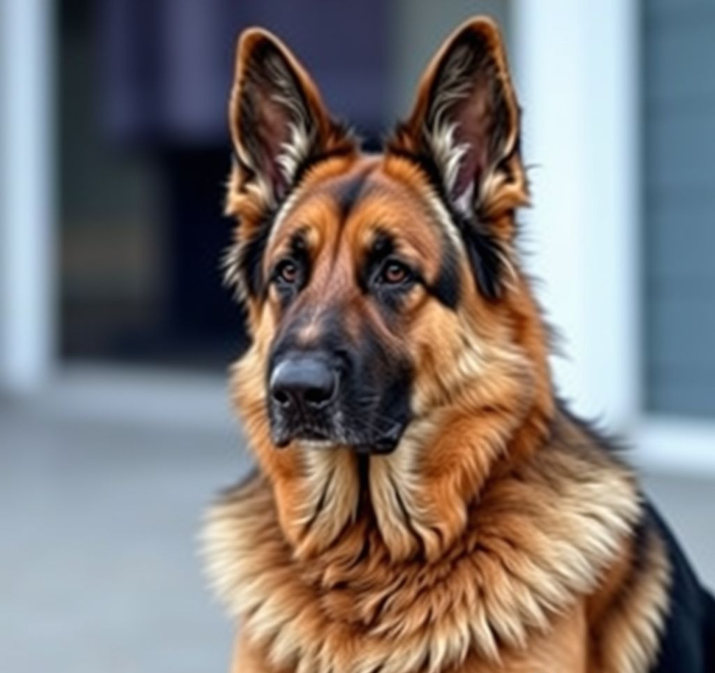A gentle-looking retired German Shepherd sitting patiently, perhaps with a subtle hint of its working past.