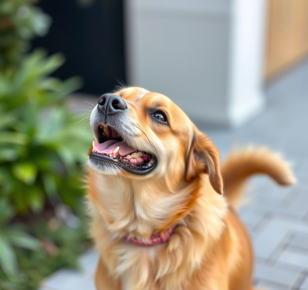 A happy, adult dog (resembling Yankee) wagging its tail, looking up at its new family.