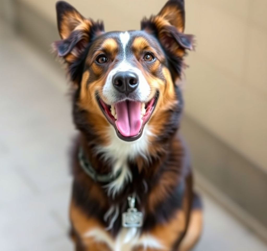 A happy Australian Cattle Dog sitting attentively, looking for adoption.