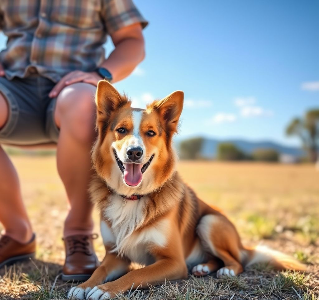 A happy Australian Cattle Dog sitting calmly by its owner’s side, showcasing its loyal nature