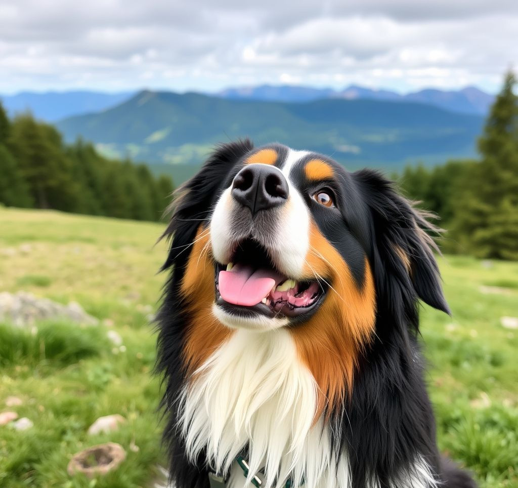 A happy Bernese Mountain Dog looking up expectantly
