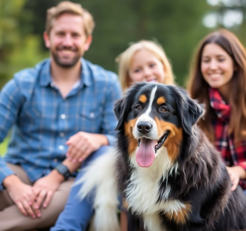 A happy Bernese Mountain Dog sitting attentively with its family outdoors.