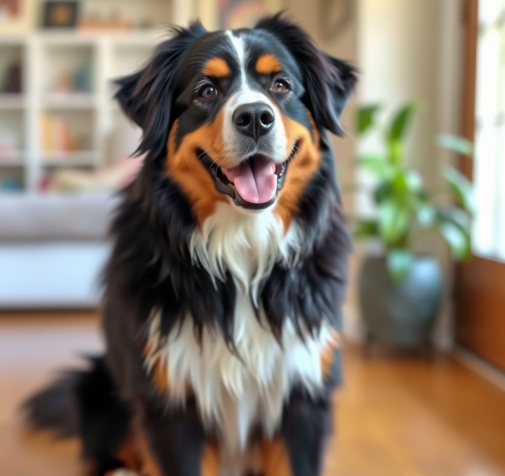 A happy Bernese Mountain Dog sitting patiently in a home environment.