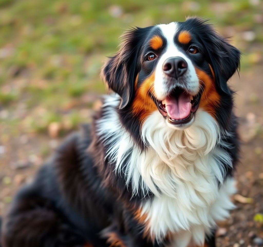 A happy Bernese Mountain Dog sitting patiently, looking towards the viewer.