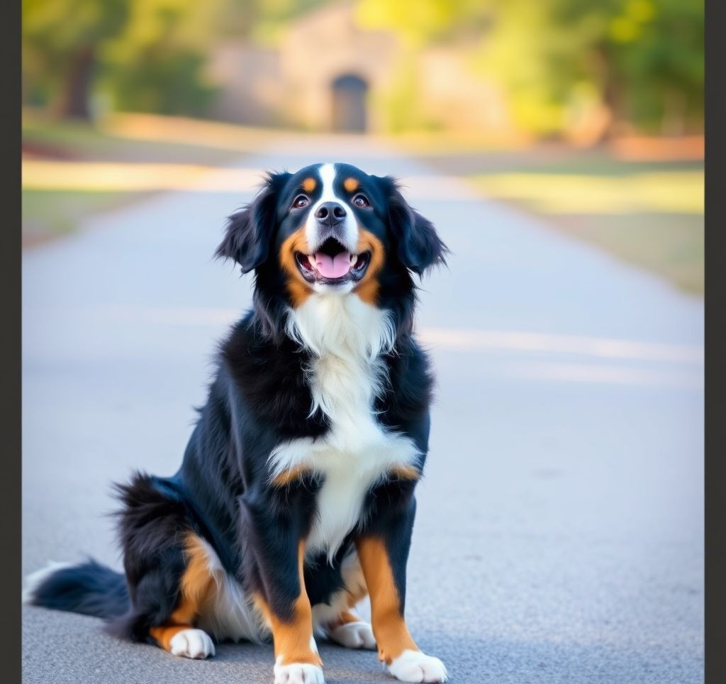 A happy Bernese Mountain Dog sitting patiently, looking up at their potential adopter.