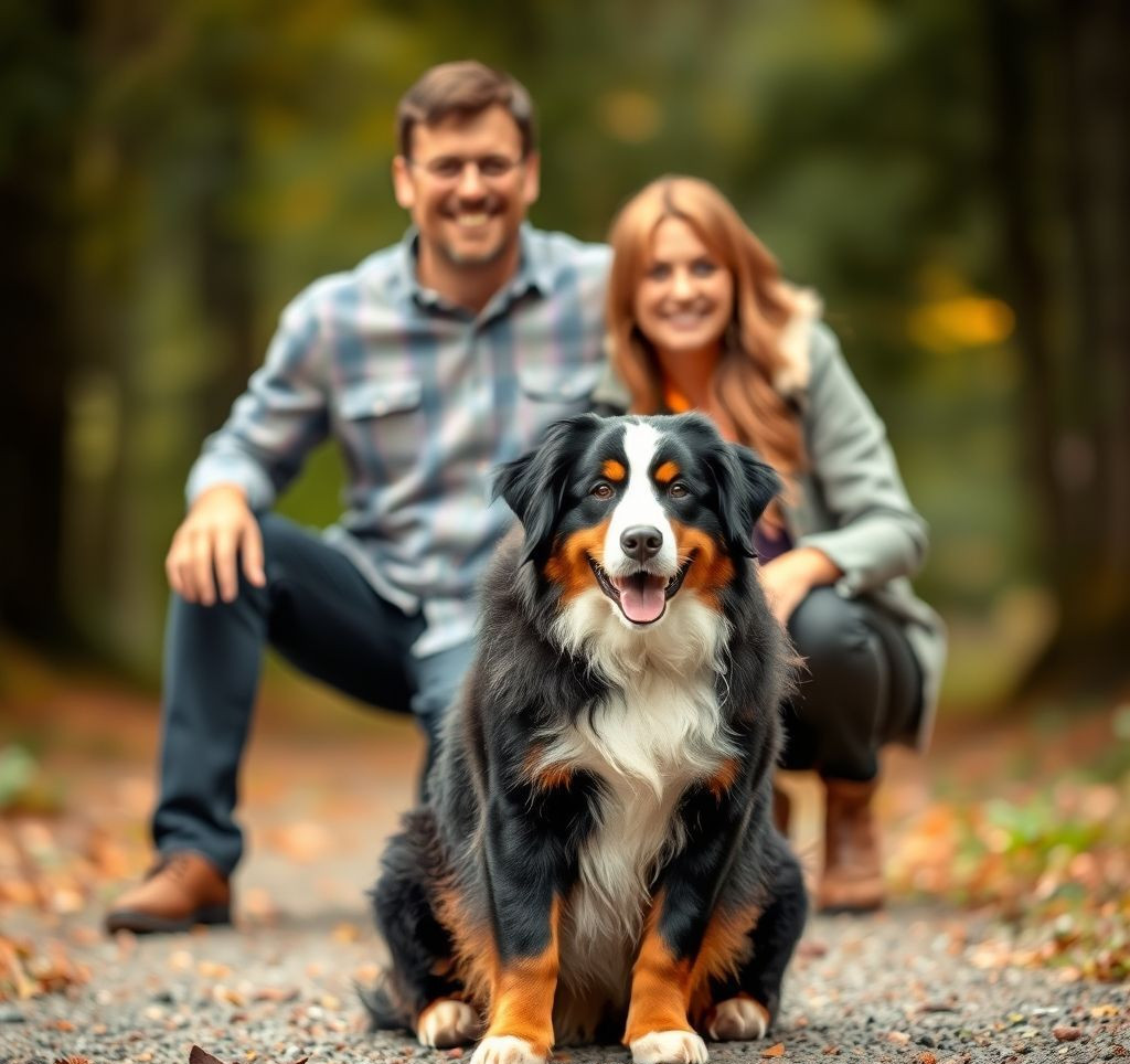 A happy Bernese Mountain Dog sitting patiently with its family