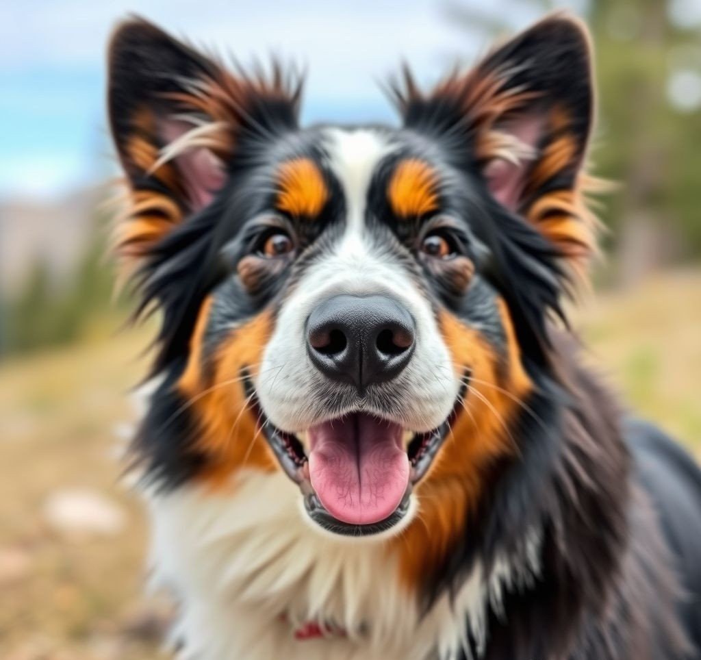 A happy Bernese Mountain Dog with a tri-color coat looking directly at the camera