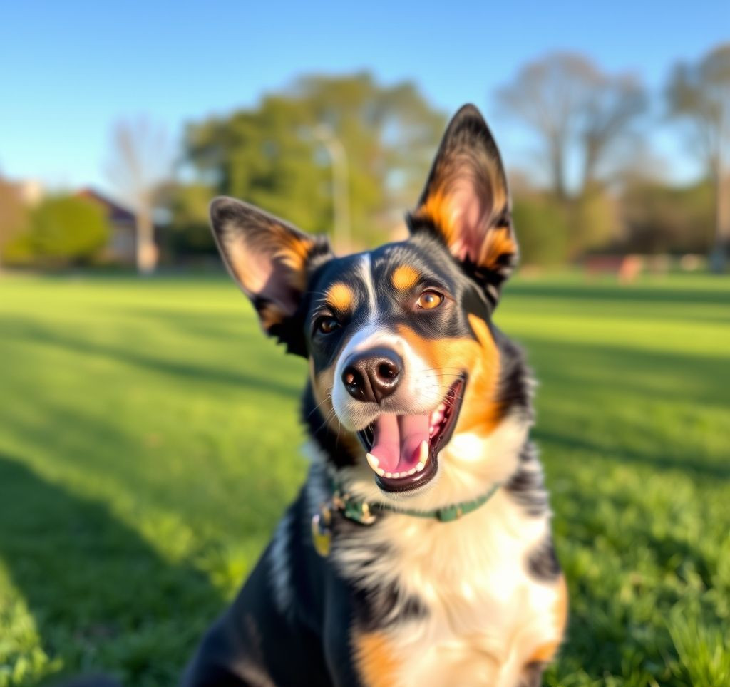A happy Blue Heeler dog sitting attentively <div class=