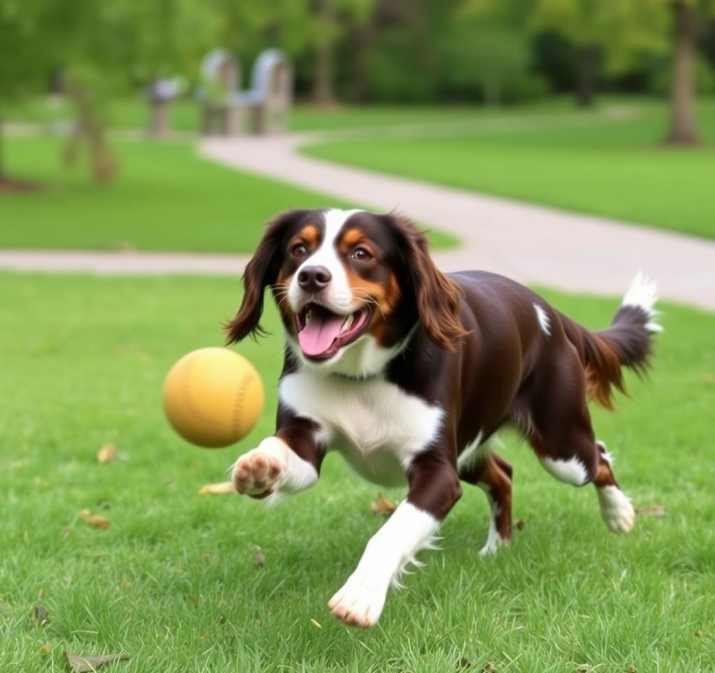A happy Brittany spaniel fetching a ball in a park