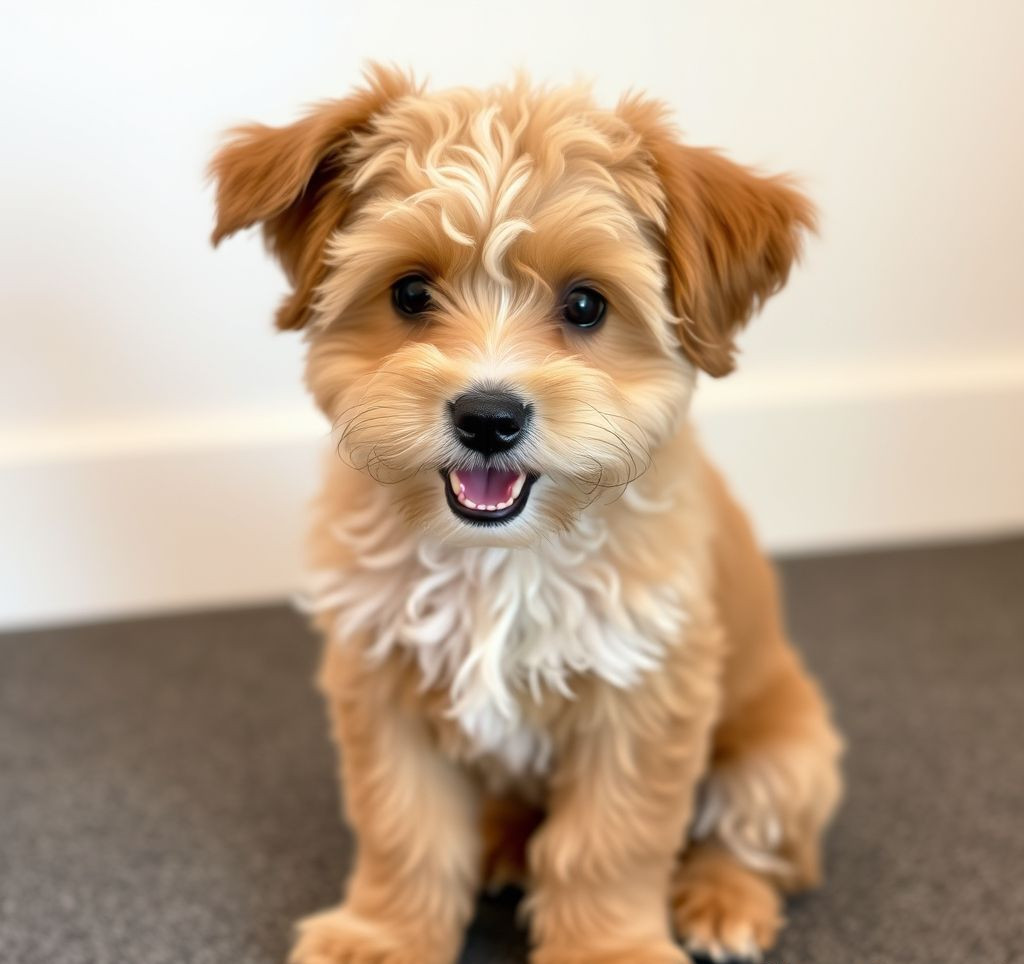 A happy Cockapoo dog sitting attentively, perhaps with a gentle smile and its ears perked up.
