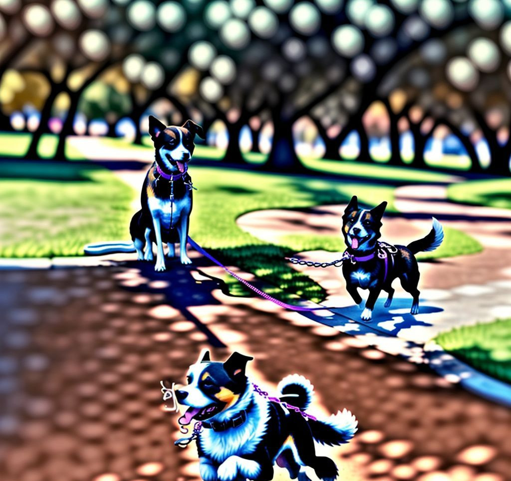 A happy dog being walked on a leash in a park in San Bernardino