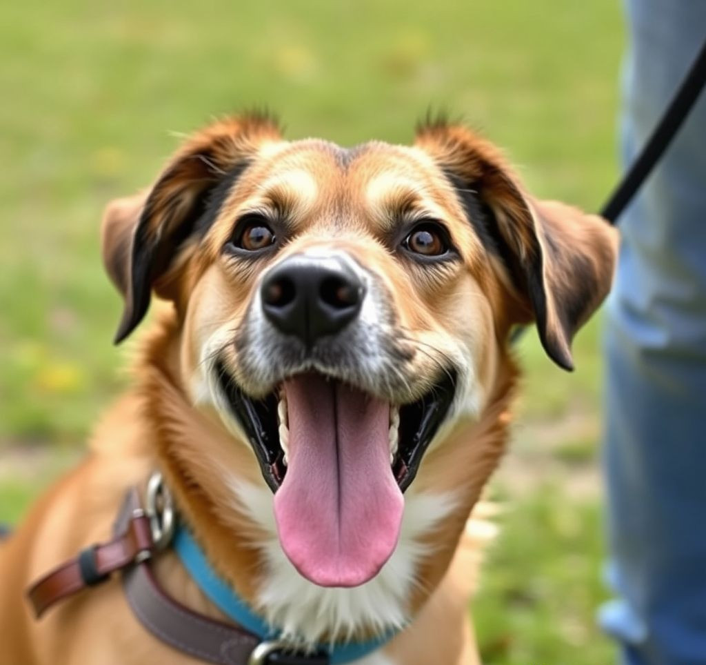 A happy dog looking alert and healthy, perhaps with a volunteer.
