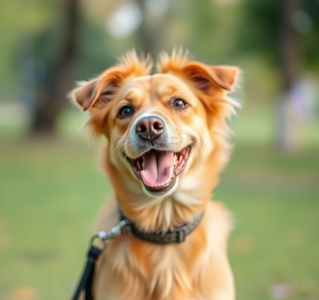 A happy dog looking excitedly at the camera, with a soft focus background of a park.