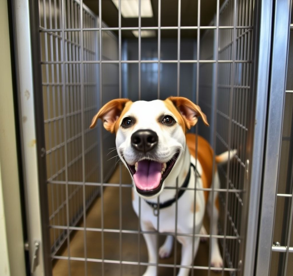 A happy dog looking out from a kennel at the Franklin County Dog Shelter