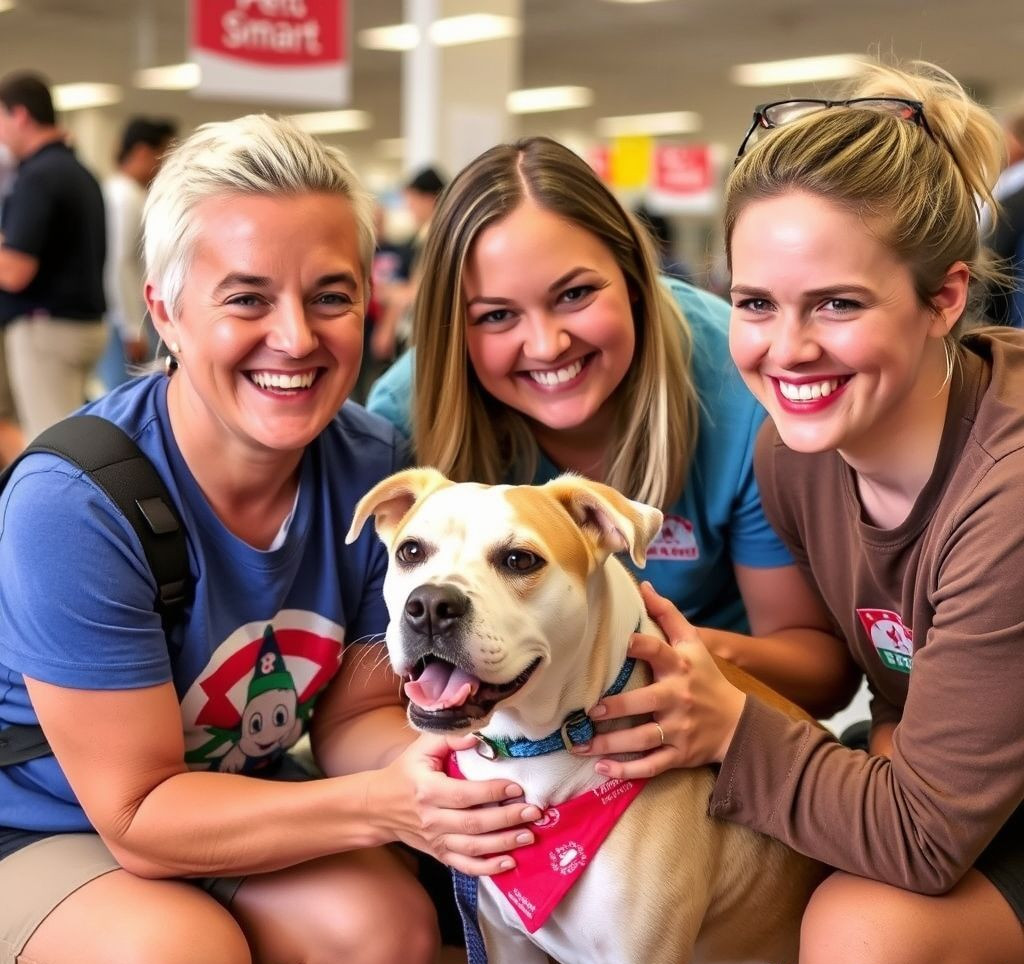 A happy family interacting with a dog at a PetSmart adoption event.