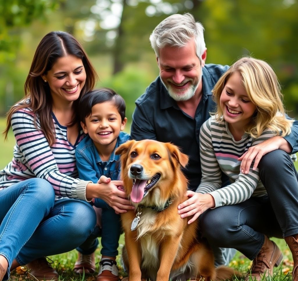 A happy family petting a dog that is sitting nicely.