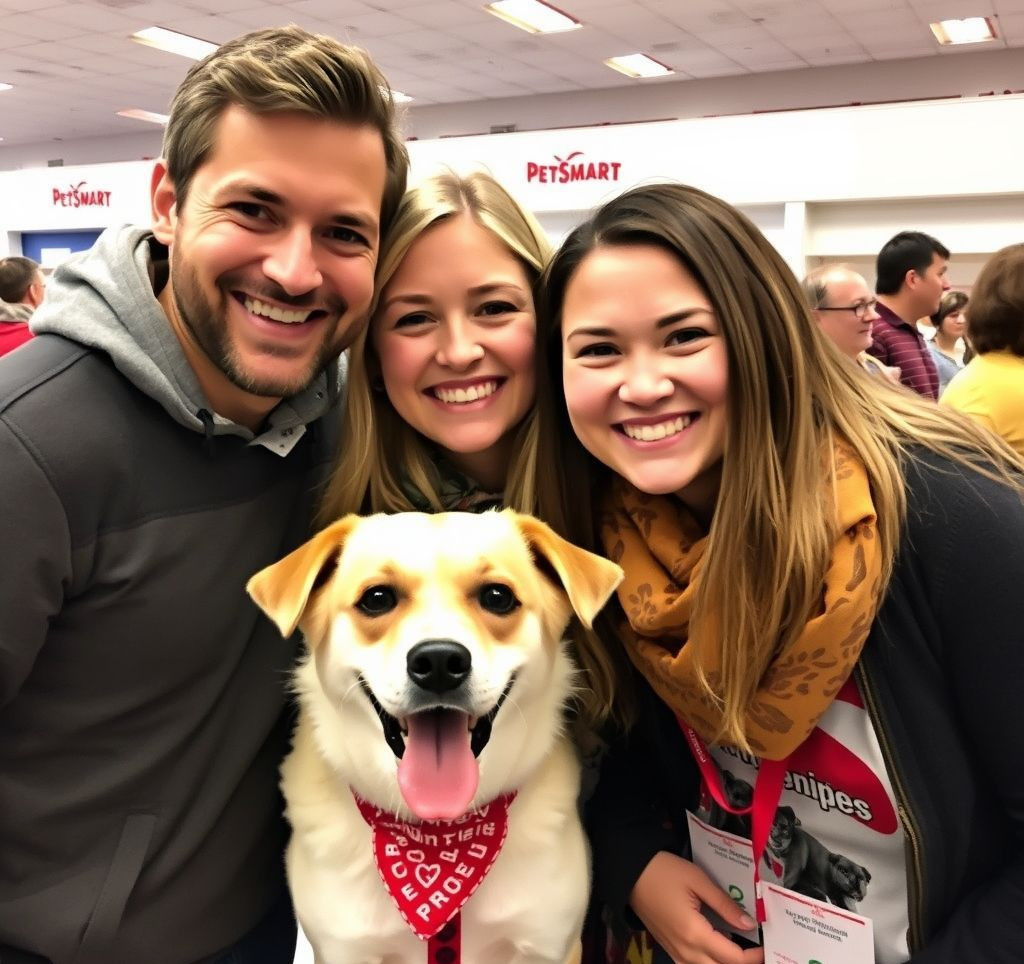 A happy family with a newly adopted dog at a PetSmart adoption event.