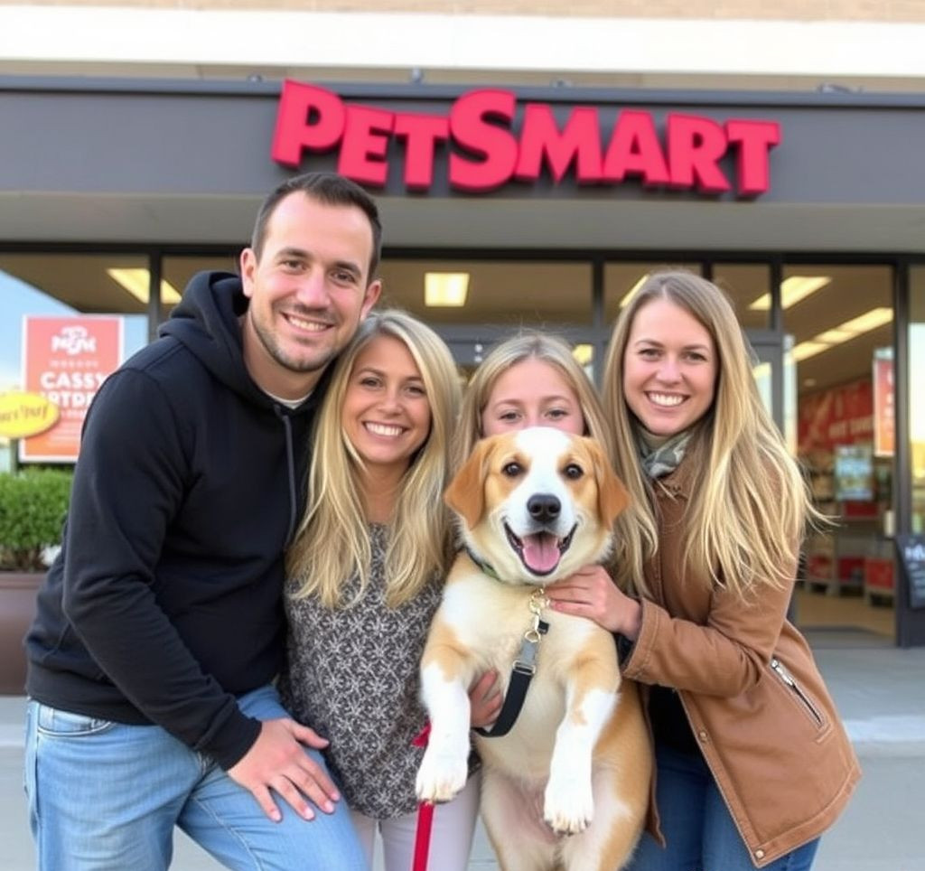 A happy family with a newly adopted dog outside a PetSmart store