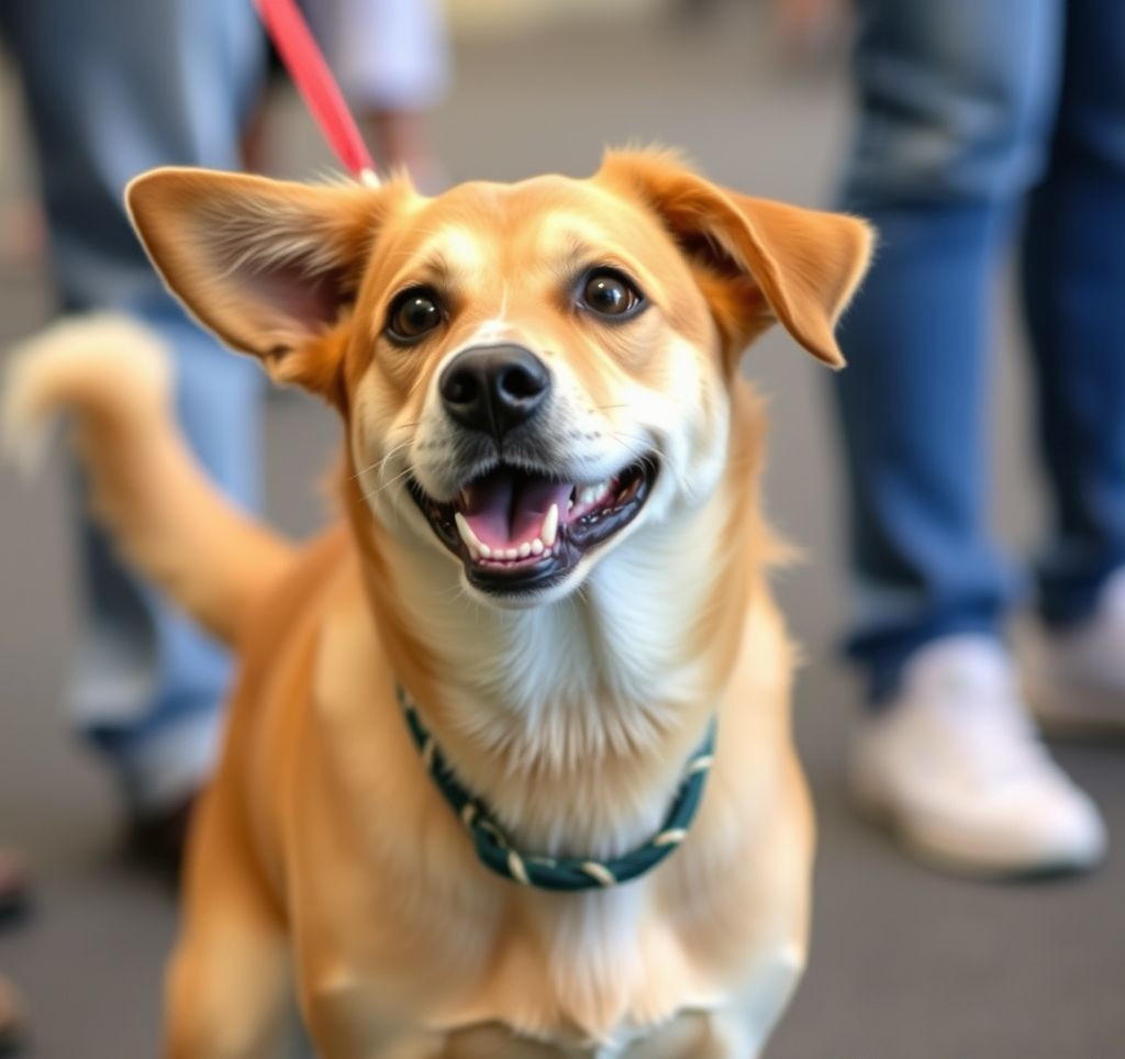 A happy, healthy-looking dog wagging its tail at a Petco adoption event.