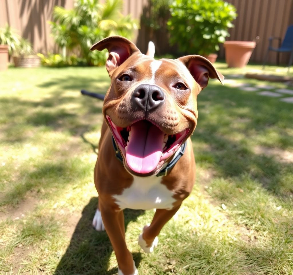 A happy, healthy pit bull-type dog playing in a sunny yard.