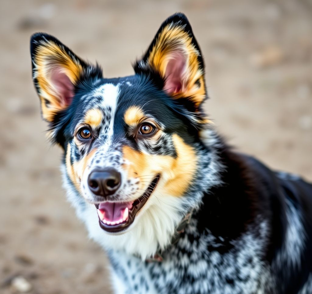 A happy-looking Australian Cattle Dog with a blue speckled coat
