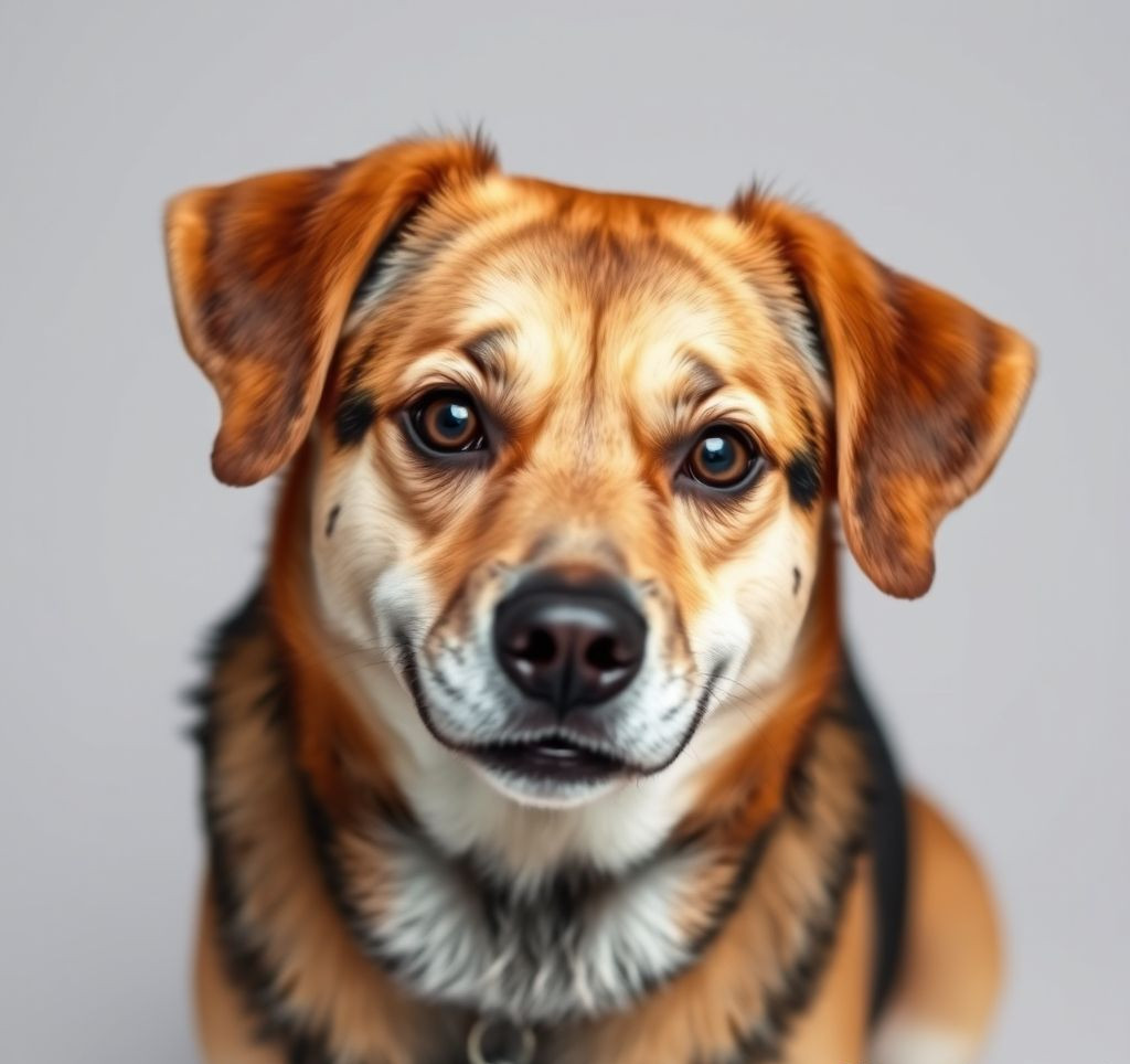 A happy, medium-sized mixed-breed dog with soft brown eyes and floppy ears, sitting patiently and looking towards the viewer.