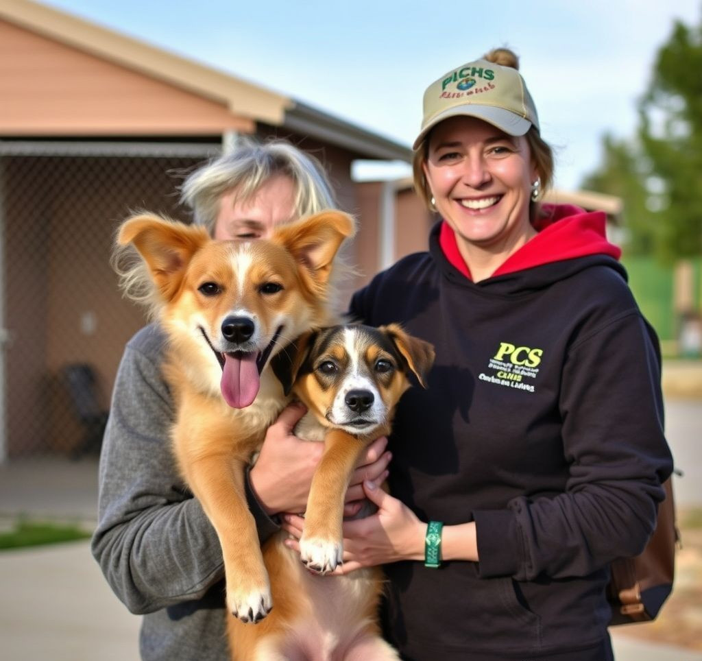 A happy person receiving a dog from a shelter volunteer