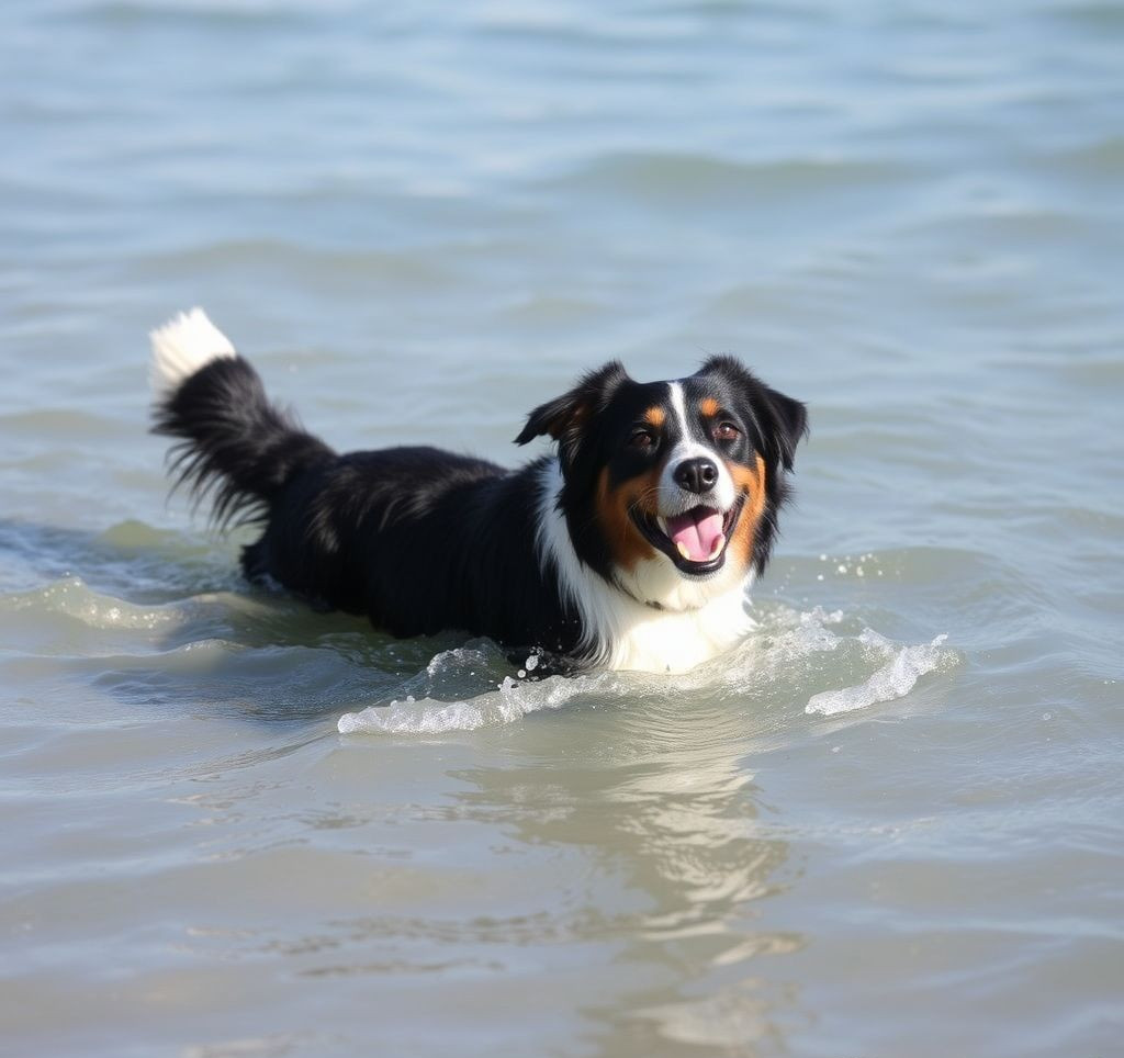 A happy Portuguese Water Dog playing in shallow water