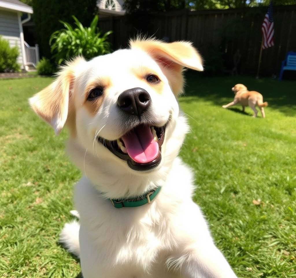 A happy Waffles the dog, perhaps playing in a sunny yard with his new family.