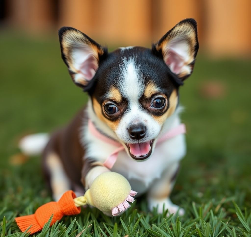A healthy, happy Chihuahua puppy playing with a small toy