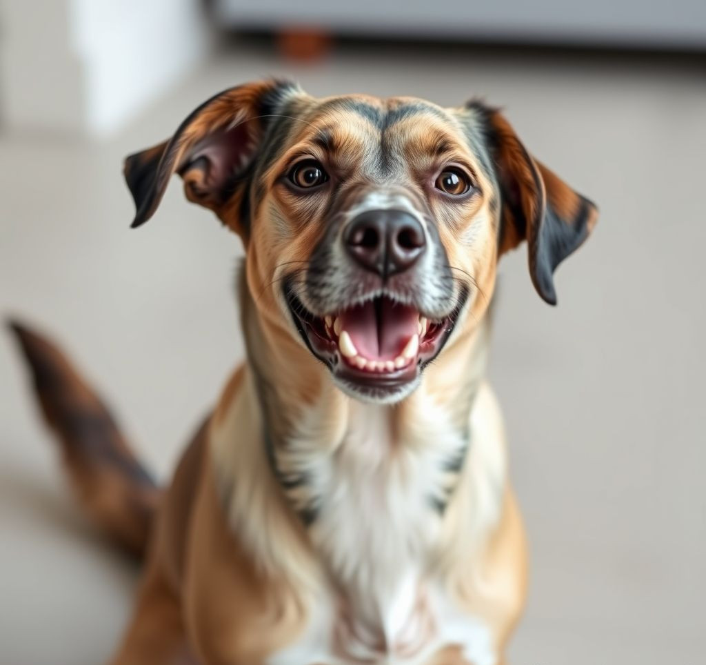 A heartwarming image of a senior dog wagging its tail, looking directly at the camera with a gentle expression.