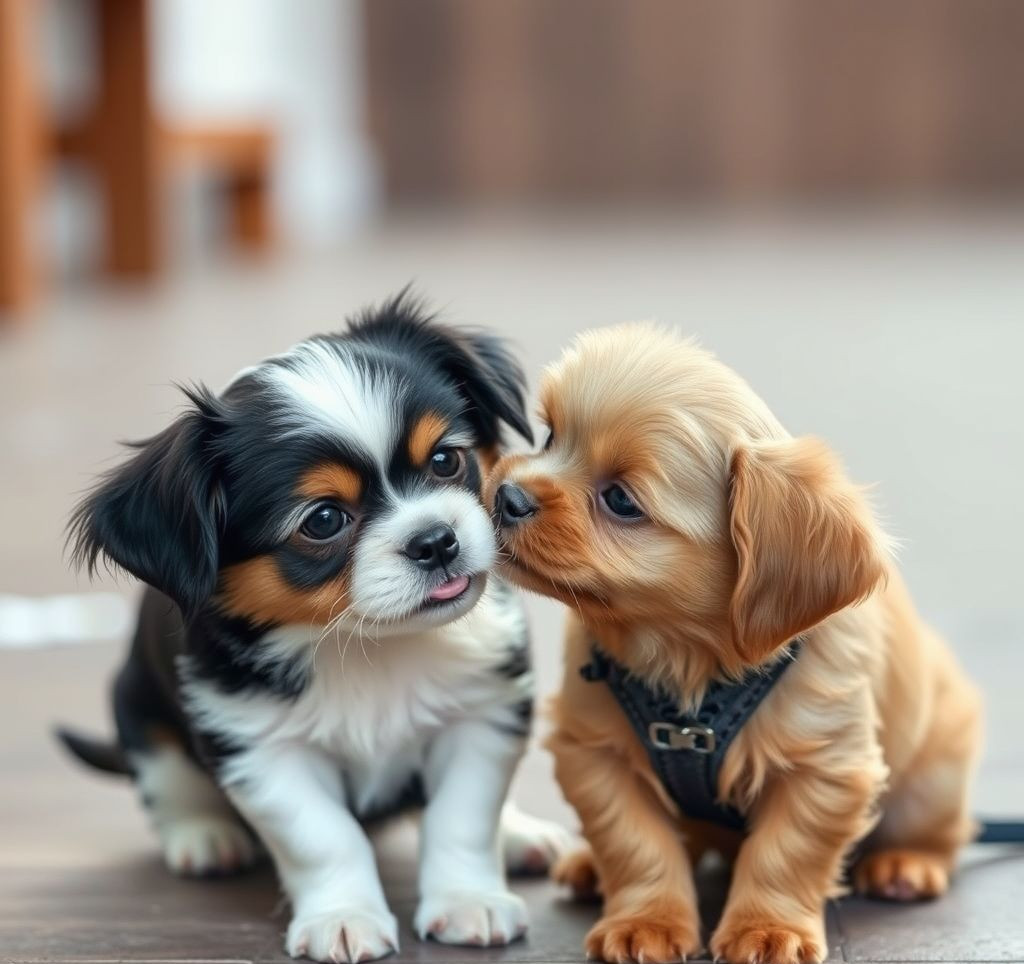 A heartwarming image of two small dogs of different breeds interacting gently.