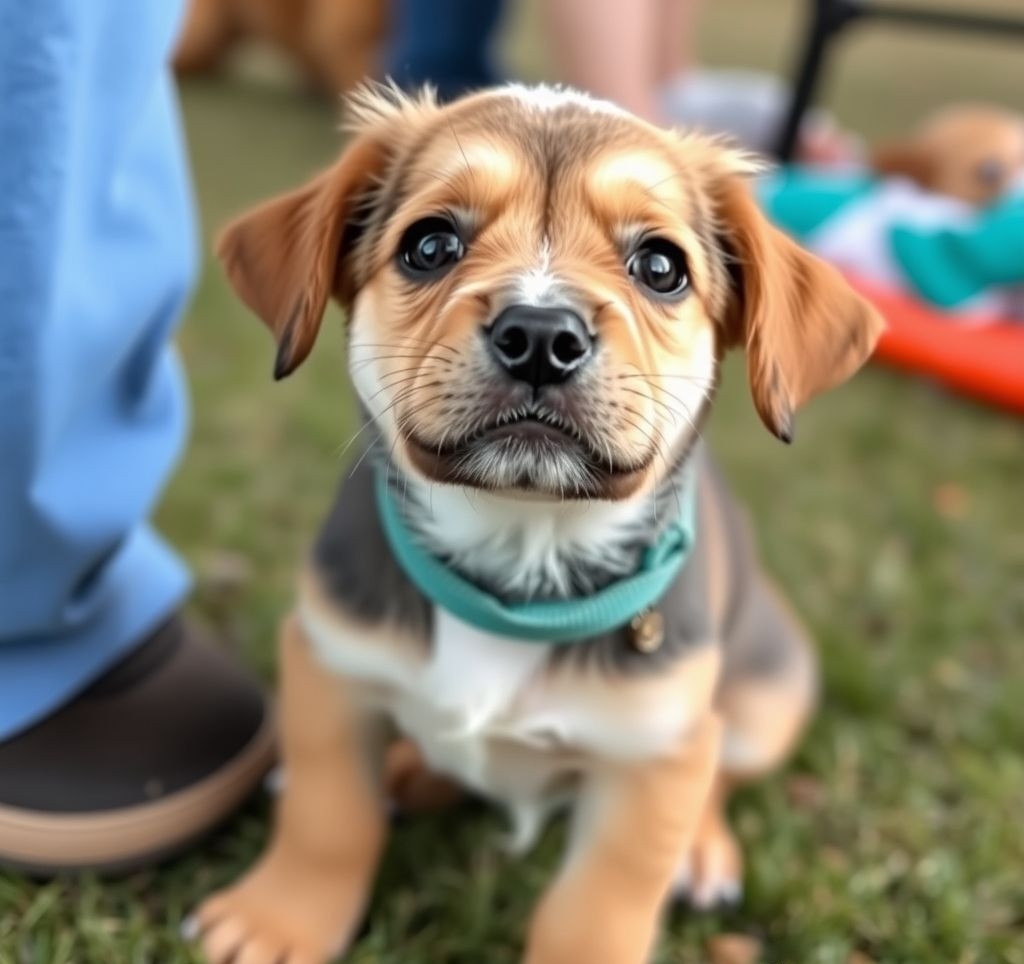 A heartwarming photo of Podling, a puppy with developmental challenges, looking alert and hopeful.