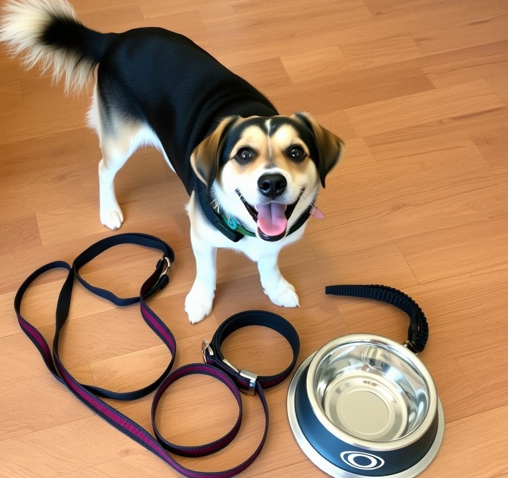 A new dog excitedly exploring various essential sup<div class=