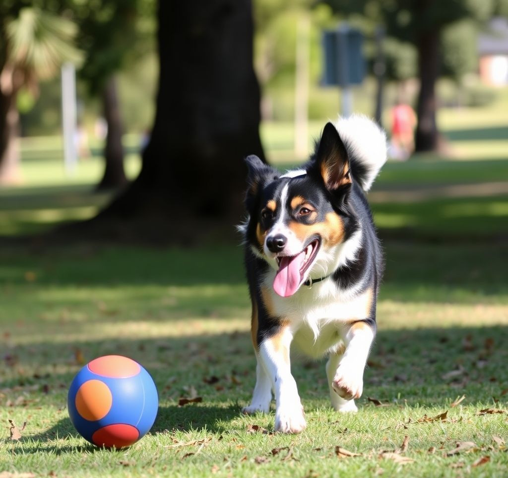An Australian Cattle Dog playing fetch in a park