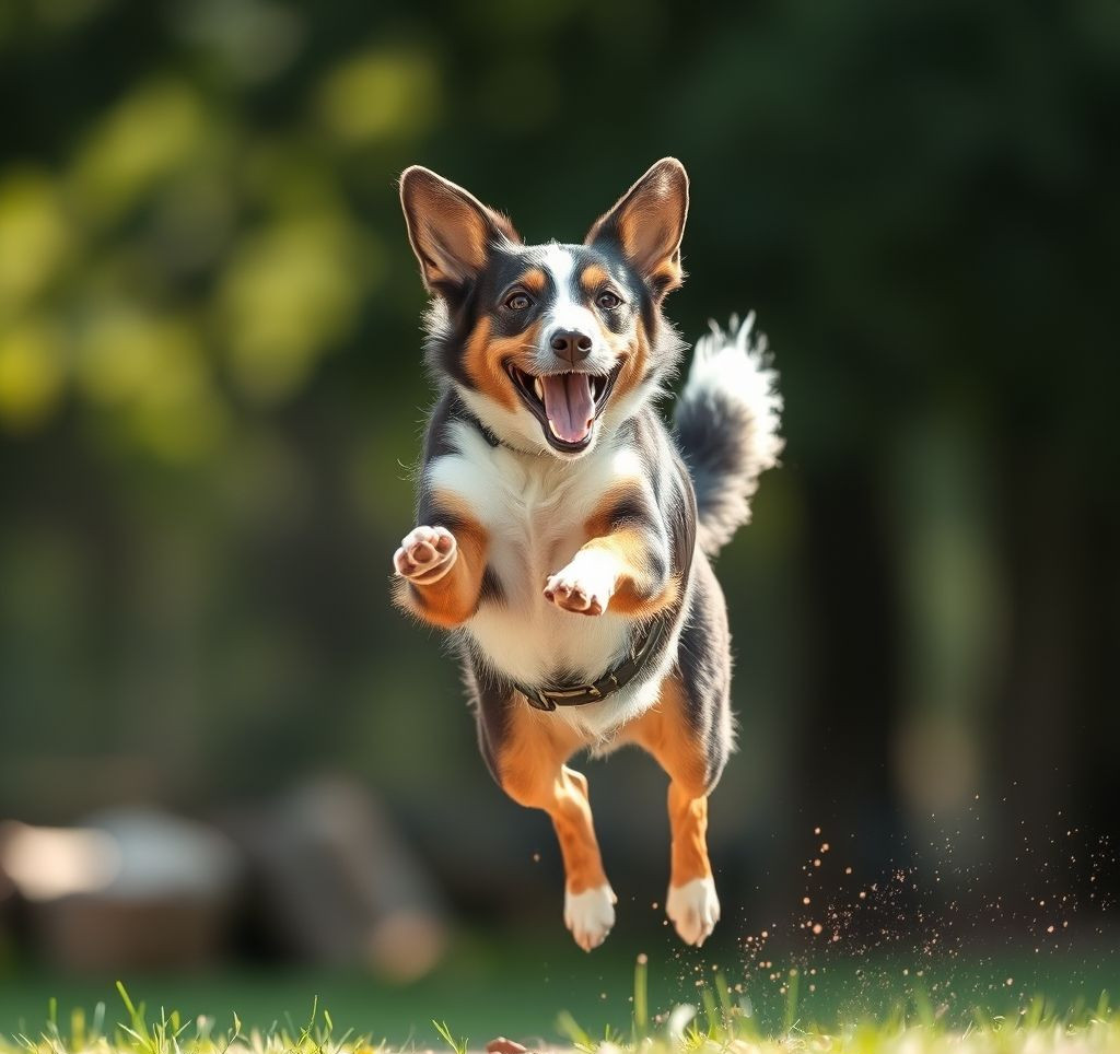 An energetic Australian Cattle Dog mid-leap, capturing its athleticism