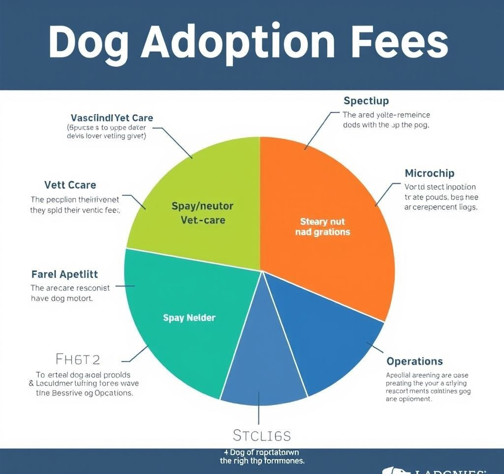 Infographic showing a pie chart breakdown of dog adoption fees with segments for vet care, spay/neuter, vaccinations, microchip, food, shelter, and operations.