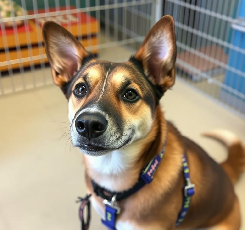 Zelda the dog looking hopeful in a comfortable shelter environment